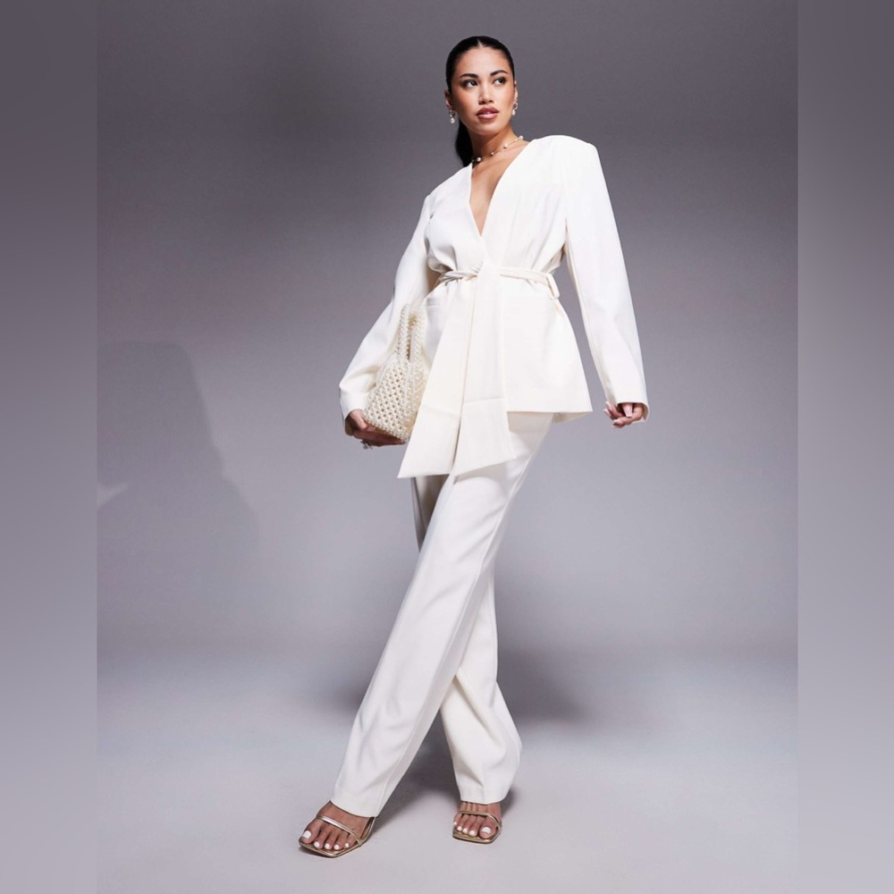 ASOS DESIGN tie waist collarless blazer in buttermilk